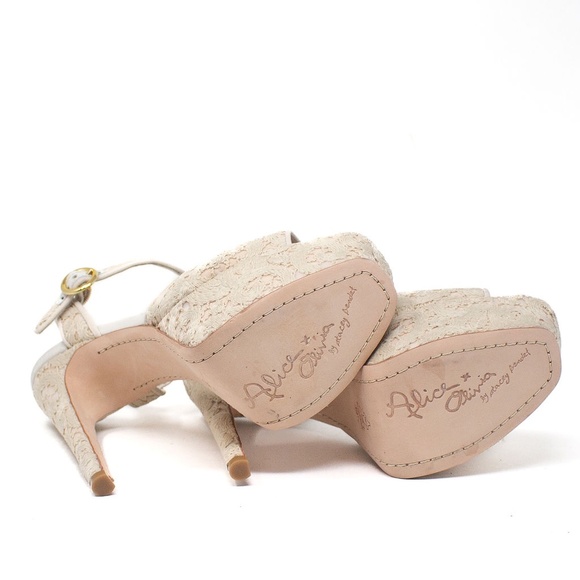 NEW Alice + Olivia Lena Allover Lace Open Toe Ankle Strap Platform High Heels - Picture 4 of 4